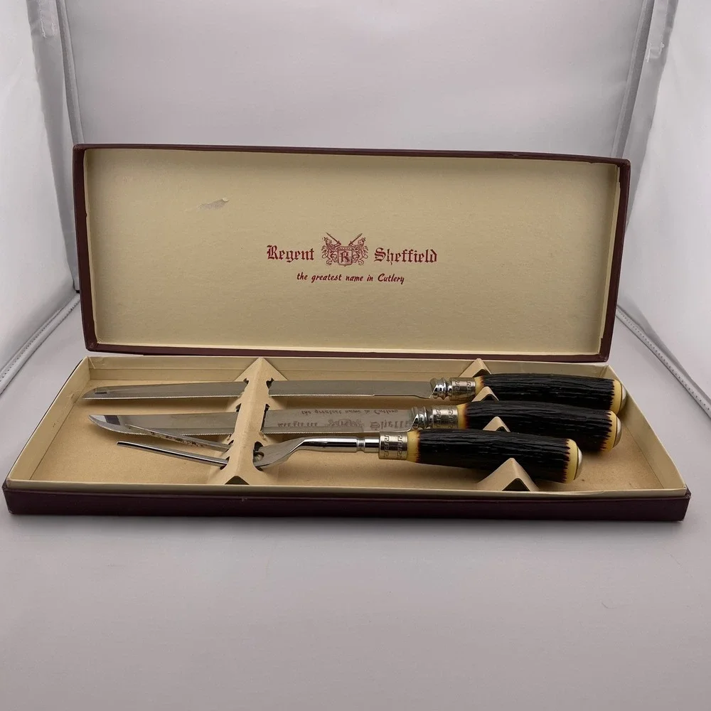 Regent Sheffield Stainless Steel Luxtrex Carving Set‎ 2 Knives 1 Fork Vintage